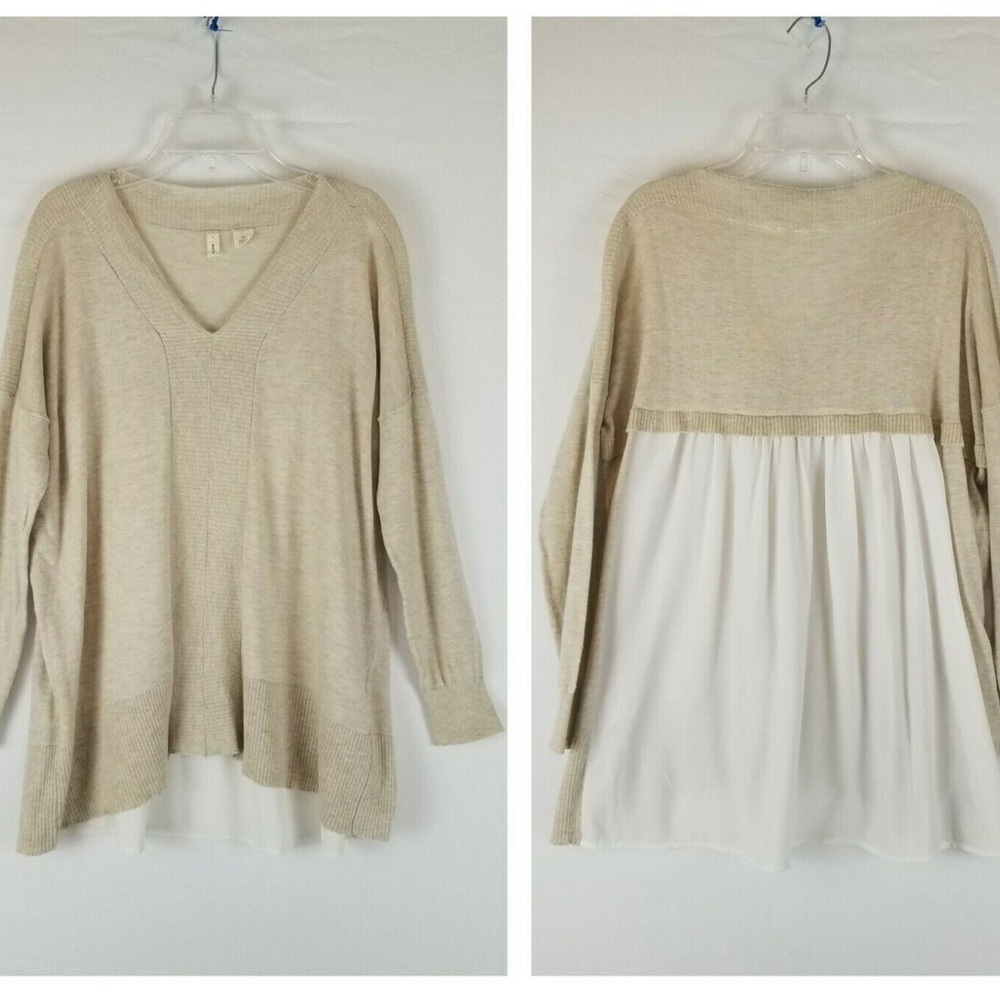 Anthropologie Moth Cream & White Knit V Neck Loose Sweater Chiffon Size Small